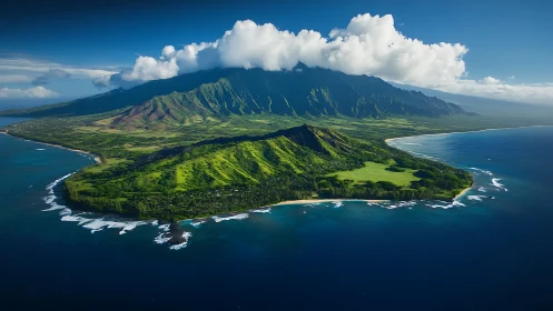 Volcanic island with lush green slopes and white clouds.