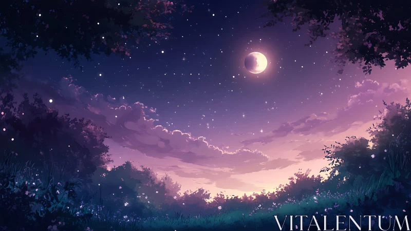 Moonlit meadow beneath violet twilight sky panorama.