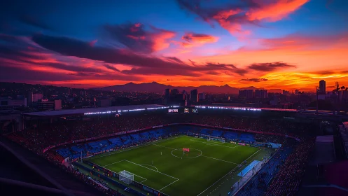 Floodlit soccer stadium under vivid sunset sky panorama.