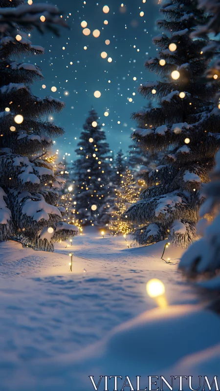 Photorealistic snowy forest path with festive bokeh lighting.