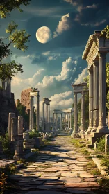 Moonlit stone avenue passes through classical ruins