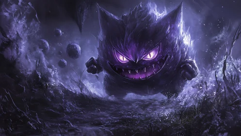 Spectral purple creature charges through stormy ethereal void