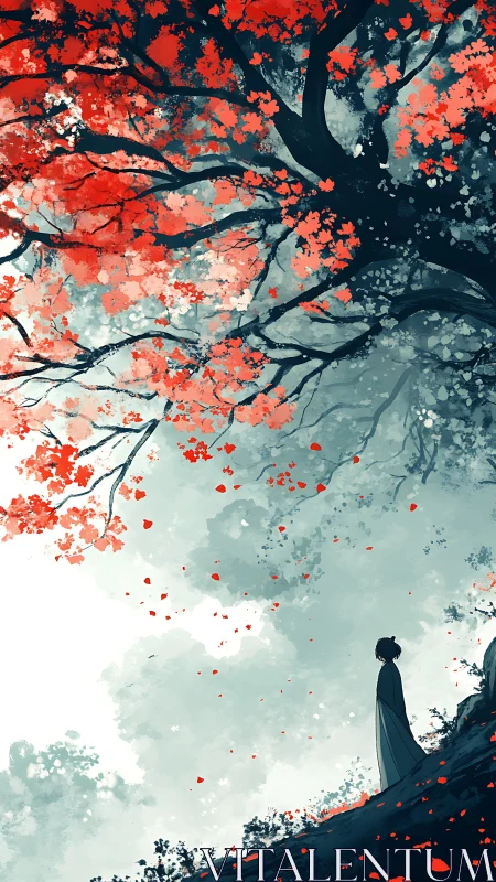 Solitary figure beneath crimson canopy in misted grove.