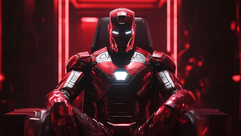 Crimson armored sentinel resting in a neon red command chair.