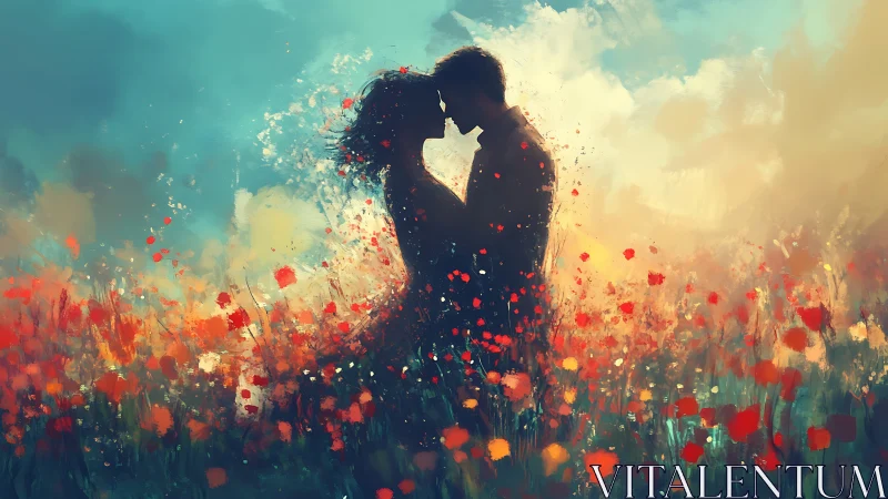 Two silhouetted figures kissing in vivid poppy field.