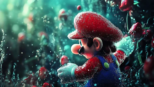 Iconic plumber rendered in luminous wet 3D environment.