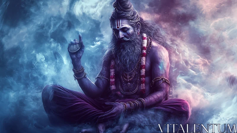 Mystic sage drifts through cosmic smoke in violet trance.