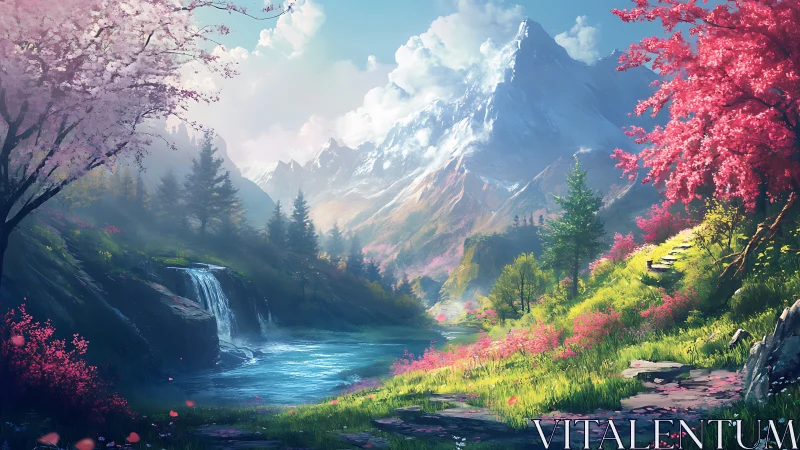 Spring valley waterfall below towering snow peak landscape.