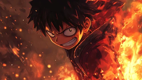 Fiery anime hero lunges forward through swirling flames.