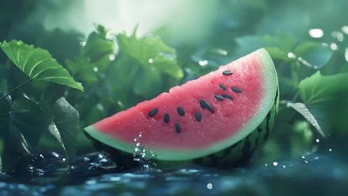 Watermelon slice resting in dewy green garden setting.