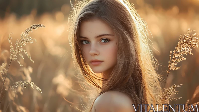 Young woman in sunlit field with warm backlighting effect.