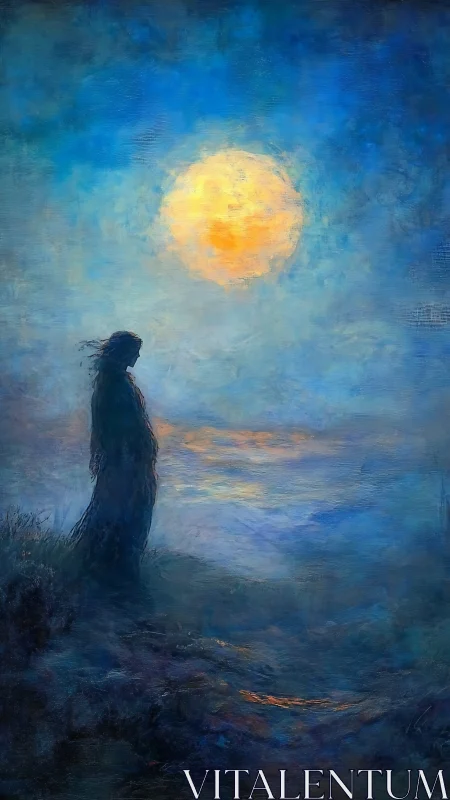 Solitary figure observing bright moon over misty sea.