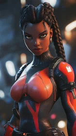 Focused sci fi heroine in red and black tactical suit.
