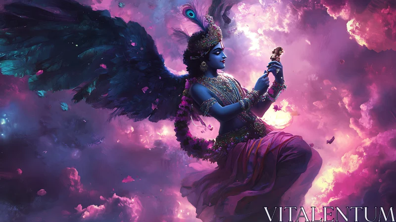 Digital painting of celestial blue deity amid neon clouds.