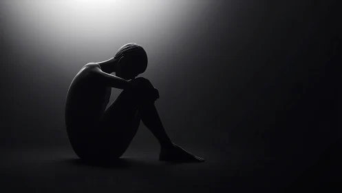 Solitary silhouette curled beneath a cautious halo of light.