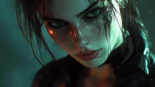 Storm-lit gaze of a neon-soaked warrior in the shadows.