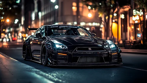 Black performance coupe on illuminated urban street at night.