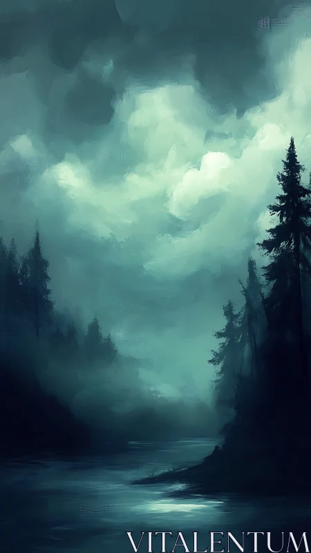 Moonlit river breathing beneath brooding evergreen shadows.