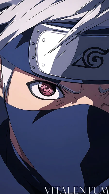 Close-up cel-shaded ninja portrait with masked face and metal headband
