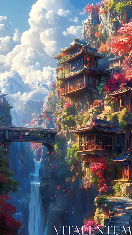 Mountain temples cling to cliffs above misty waterfalls