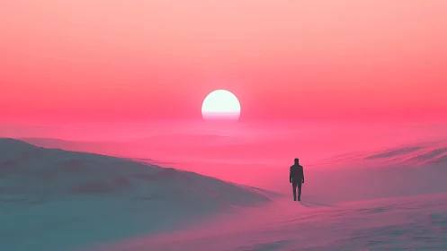 Solitary figure crossing neon desert under rising sun.