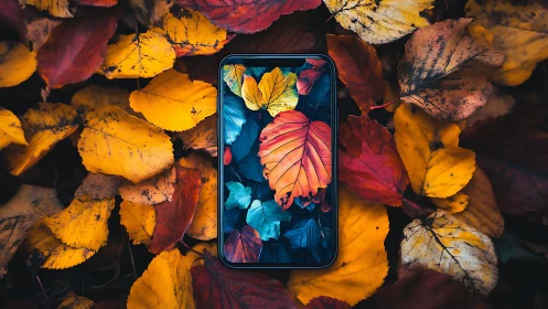 Smartphone screen mirroring saturated autumn foliage composition