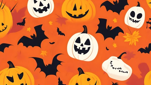 Seamless Halloween jack o lantern and bat pattern on orange