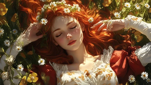 High-detail digital portrait of red-haired woman in floral meadow
