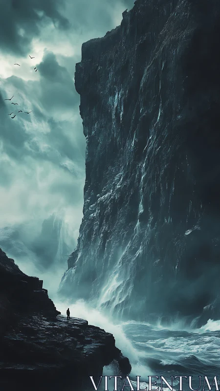 Solitary figure facing colossal storm-lashed sea cliffs.