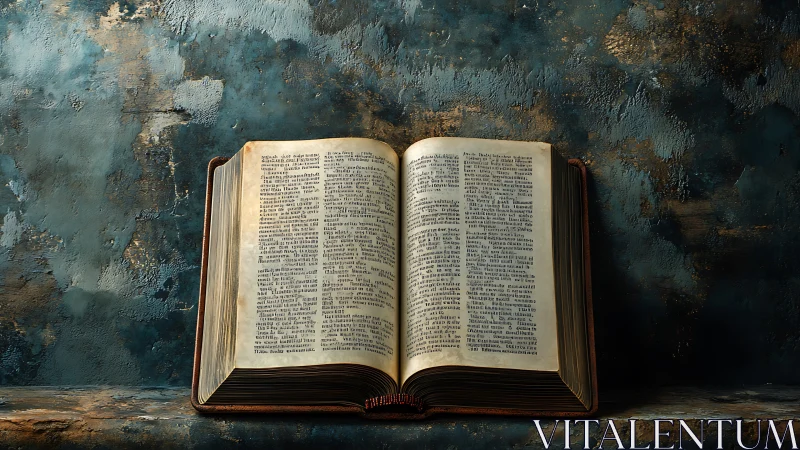 Antique open book on textured blue concrete wall shelf.