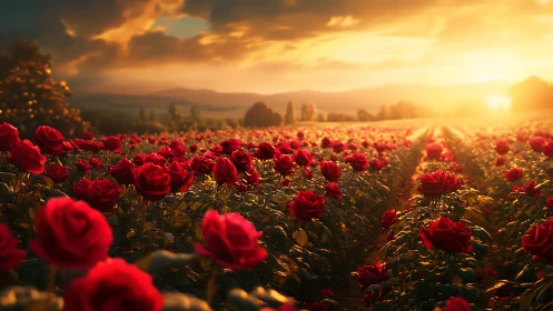 Sunlit red rose field under glowing golden sunset sky.