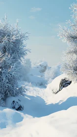 Winter forest ravine under clear blue morning sky.