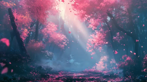 Luminous forest passage with atmospheric light through dense pink foliage