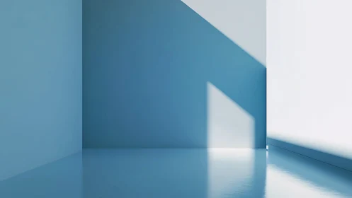Minimal blue room shows sharp sunlight and geometric shadows