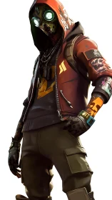 Hooded cyberpunk scavenger with glowing mask and tattoos