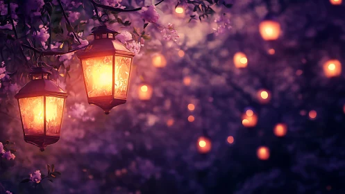 Glowing garden lanterns cast warm bokeh over twilight blooms