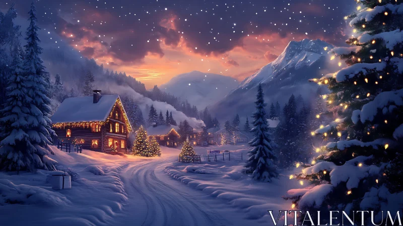 Snowlit mountain village wrapped in glowing winter enchantment.