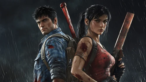 Armed duo stand back to back in heavy rain, ready to fight.