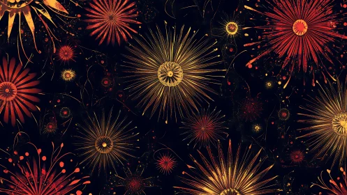 Radiant red and gold firework bursts on deep black field.