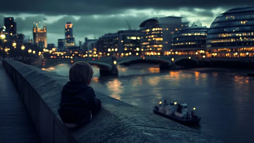 Child watching city lights over river at moody dusk.