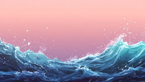 Rolling ocean waves glow gently beneath a pastel sunset sky