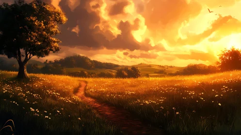 Sunlit meadow trail curls gently beneath molten clouds