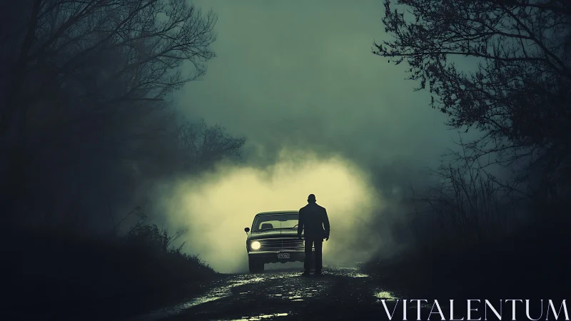 Man stands before car in fog on lonely forest road.