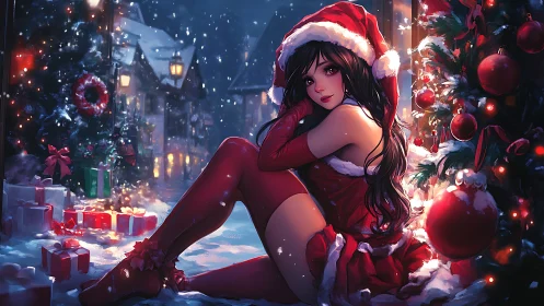 Santa cosplay girl rests by glowing Christmas tree at night.