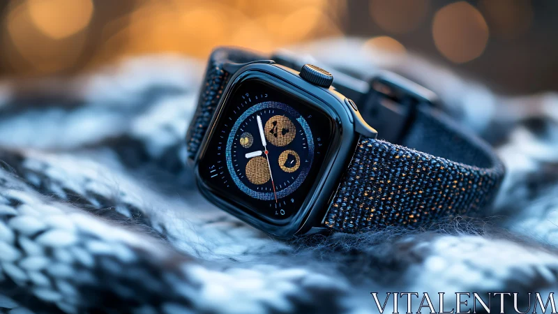 Smartwatch with woven nylon band on knit blanket, bokeh lights