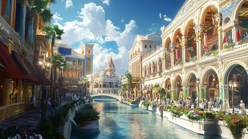 Digital Venetian canal boulevard in luminous neoclassical style.