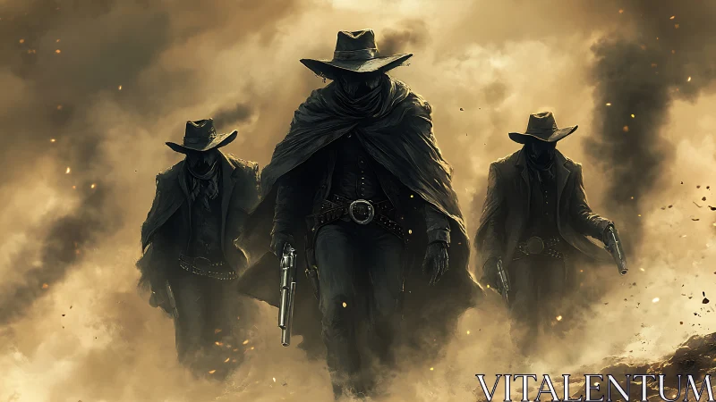 Three armed cowboys walk forward through dense swirling dust