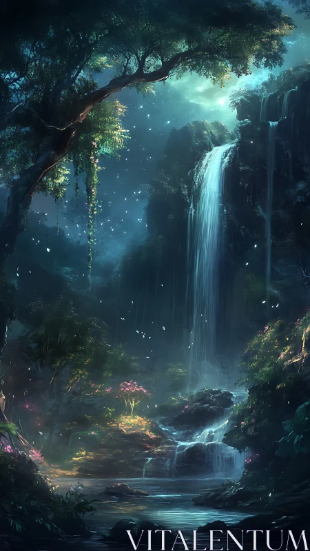 Enchanted moonlit waterfall garden glowing with gentle magic.
