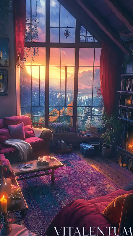 Sunlit mountain view fills cozy attic reading room