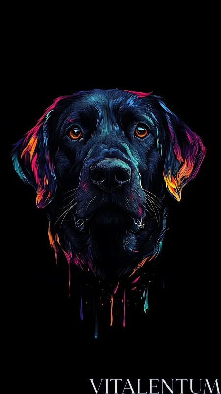Neon labrador portrait glows against deep black background
